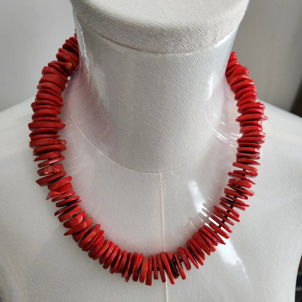 Red Coral Slice Natural Nugget Beaded Necklace S hook closure J-112